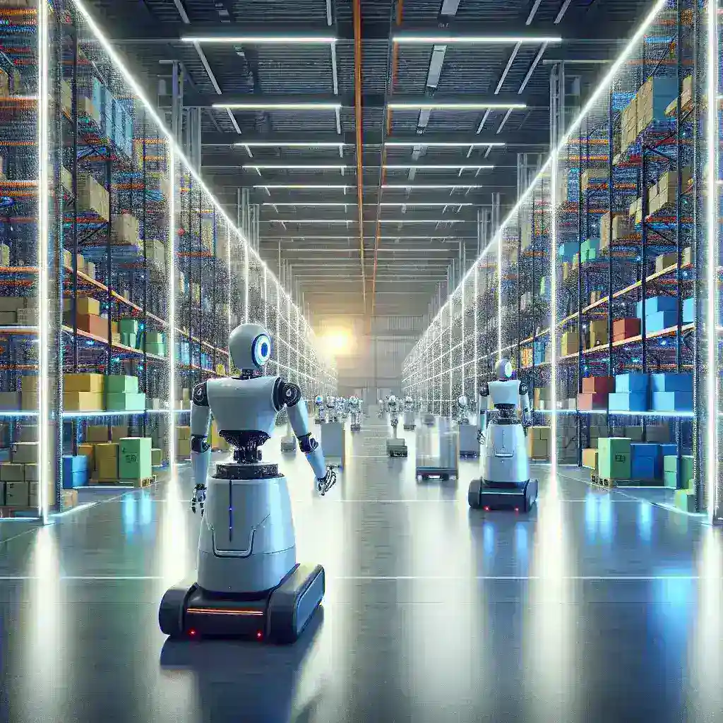 "Warehouse robot generasi baru Amazon menggunakan teknologi AI otonom untuk meningkatkan efisiensi operasional dalam manajemen gudang."